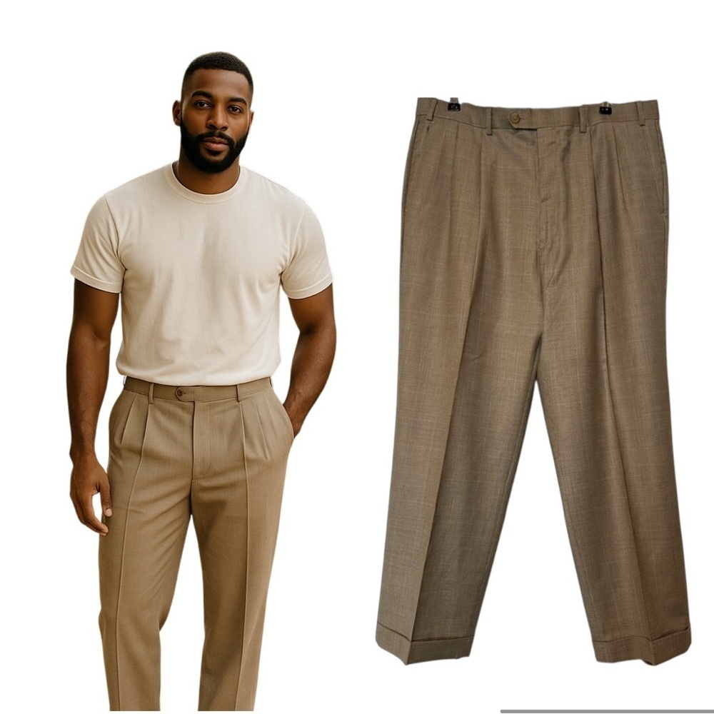 Ralph Lauren Academia Mens Dress Pants 35 x 32 Brown Glen Plaid Wool Pleated